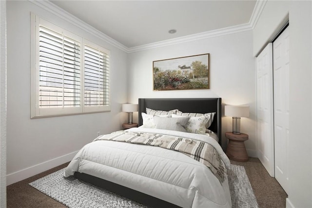 carpeted bedroom with ornamental molding and a closet