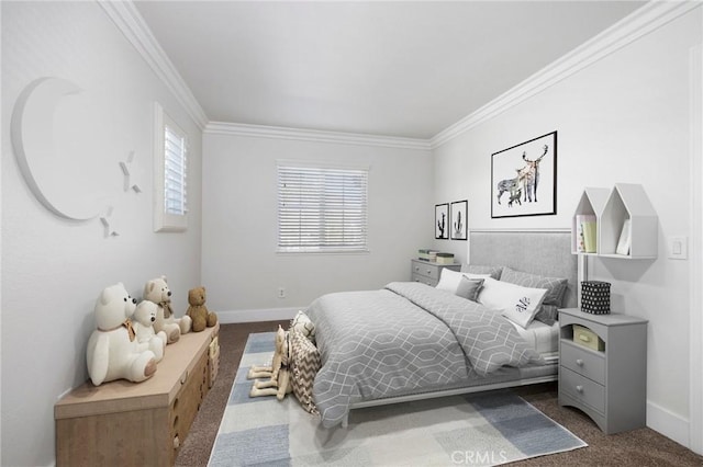 carpeted bedroom with ornamental molding