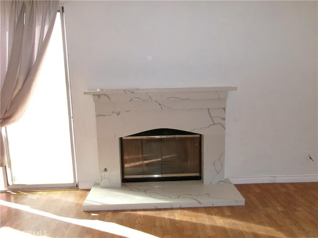 details with hardwood / wood-style flooring and a high end fireplace