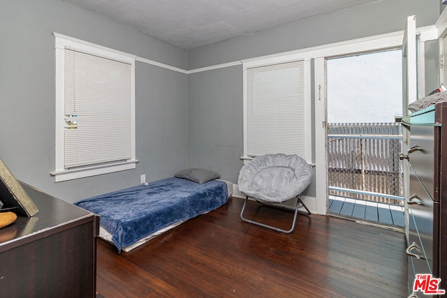 bedroom with dark hardwood / wood-style floors