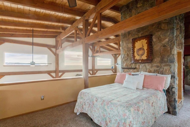 carpeted bedroom featuring wood ceiling, multiple windows, lofted ceiling with beams, and baseboards