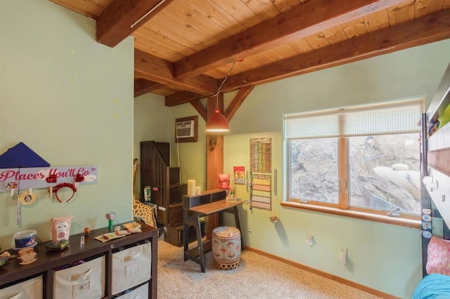 office space featuring baseboards, a wall unit AC, wooden ceiling, carpet floors, and beam ceiling