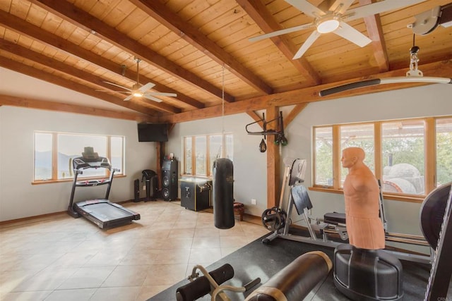 workout area featuring wood ceiling, light tile patterned floors, vaulted ceiling, and ceiling fan