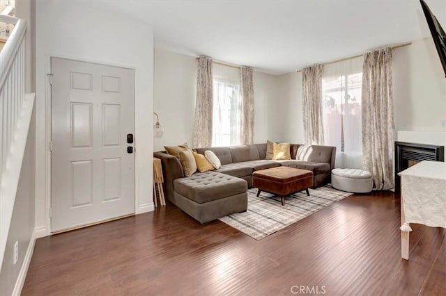 living room featuring a healthy amount of sunlight and dark hardwood / wood-style flooring