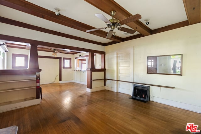 unfurnished living room featuring ceiling fan, beam ceiling, and wood-type flooring