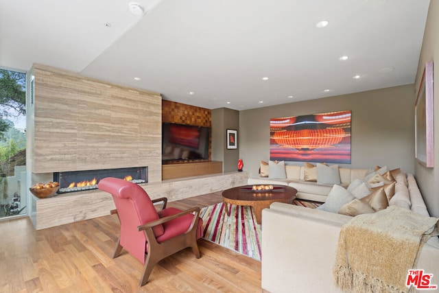 living room featuring a multi sided fireplace and light hardwood / wood-style flooring