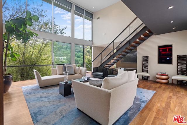 living room with wood-type flooring and a high ceiling