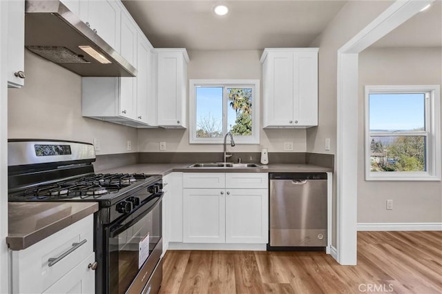 kitchen featuring white cabinetry, range hood, stainless steel dishwasher, sink, and gas stove