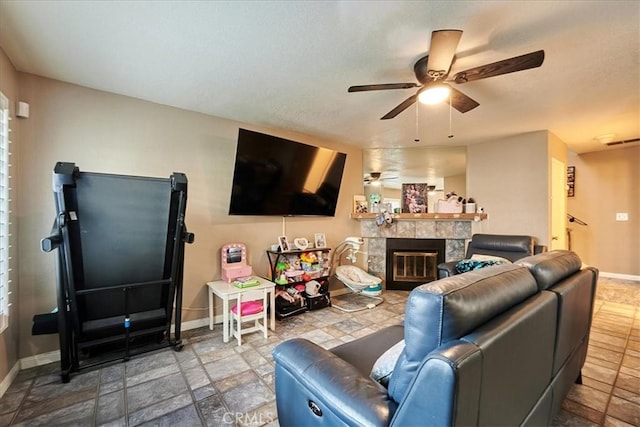 6949 Laguna Pl Unit B1, Rancho Cucamonga, CA 91701 - living room with ceiling fan and a fireplace