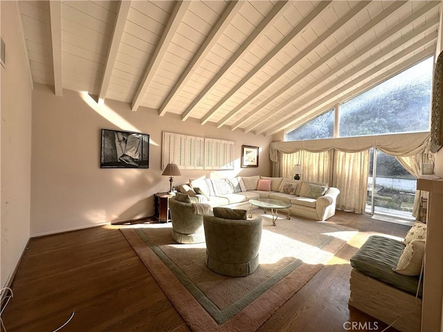 unfurnished living room featuring hardwood / wood-style flooring, high vaulted ceiling, beam ceiling, and wood ceiling