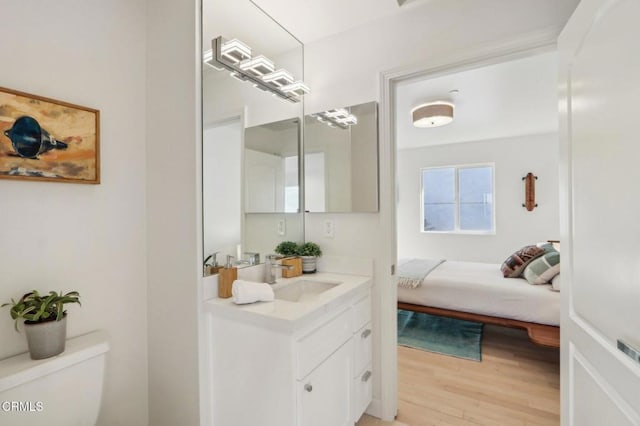 bathroom featuring toilet, vanity, ensuite bathroom, and wood finished floors