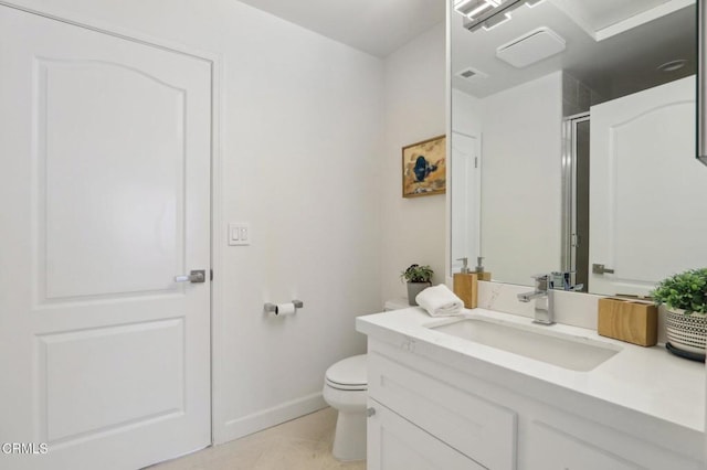 bathroom featuring a shower stall, visible vents, toilet, and vanity