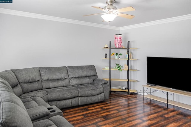 living room with dark hardwood / wood-style flooring, crown molding, and ceiling fan