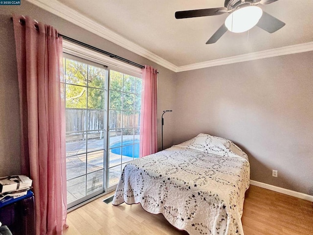 bedroom featuring crown molding, access to exterior, ceiling fan, and light hardwood / wood-style floors