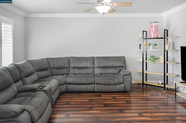 living room featuring crown molding, dark hardwood / wood-style floors, and ceiling fan