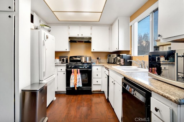 kitchen featuring black appliances, white cabinets, dark hardwood / wood-style flooring, and sink