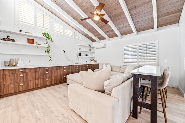 living room featuring ceiling fan, wooden ceiling, vaulted ceiling with beams, an AC wall unit, and light hardwood / wood-style floors