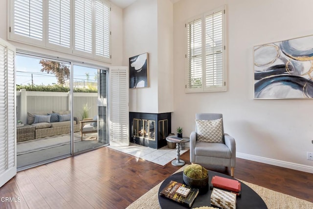 living room with a high ceiling, wood-type flooring, and a multi sided fireplace