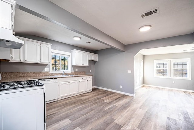 kitchen featuring sink, white appliances, white cabinetry, and light hardwood / wood-style flooring