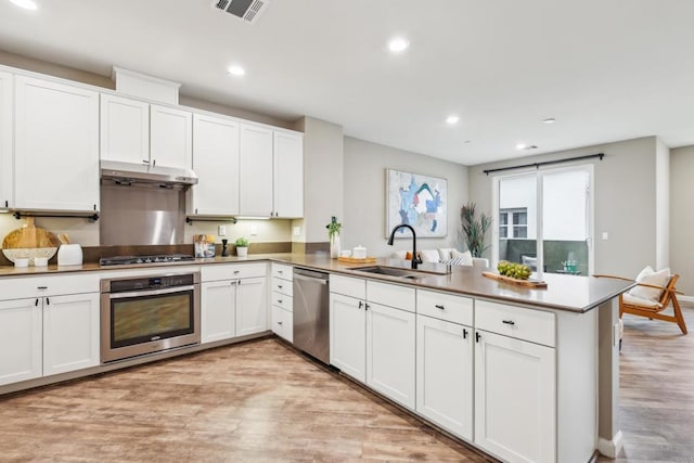 kitchen with white cabinetry, sink, kitchen peninsula, and stainless steel appliances