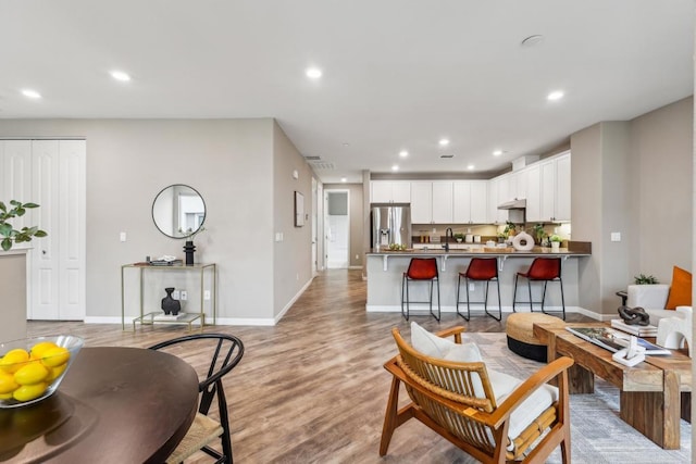 living room featuring light hardwood / wood-style floors and sink