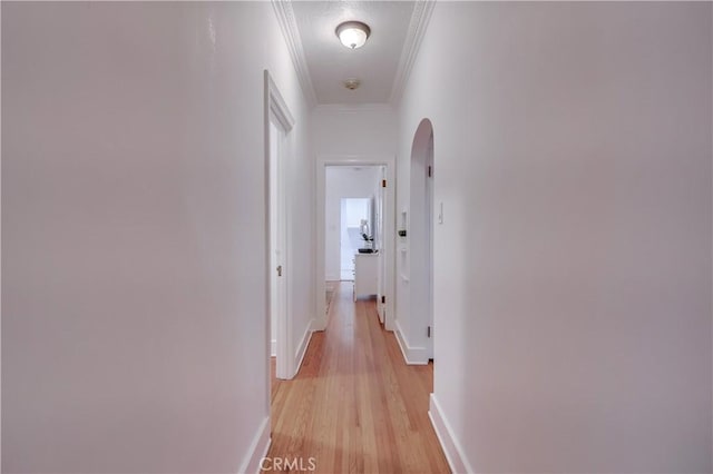 corridor with crown molding and light wood-type flooring