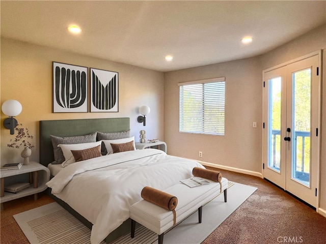 bedroom featuring access to exterior, french doors, and carpet floors