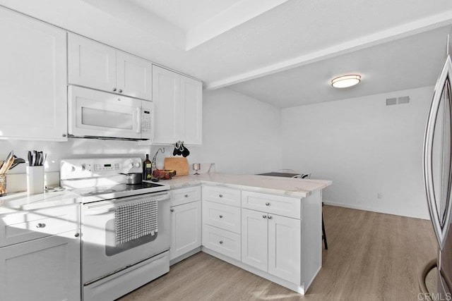 kitchen featuring white cabinets, light wood-type flooring, white appliances, and kitchen peninsula