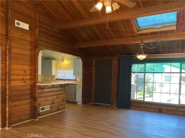 interior space featuring wood-type flooring, lofted ceiling with skylight, sink, log walls, and wooden ceiling