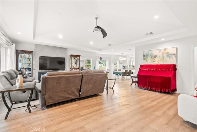 6770 Oak Ave, Arcadia, CA 91007 - living area featuring a tray ceiling, a ceiling fan, light wood finished floors, recessed lighting, and baseboards