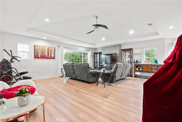6770 Oak Ave, Arcadia, CA 91007 - living room featuring a raised ceiling, light wood-type flooring, a ceiling fan, and recessed lighting