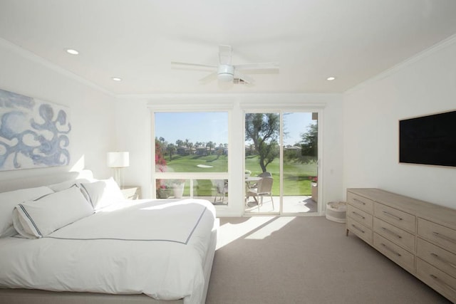 carpeted bedroom with ornamental molding, access to exterior, and ceiling fan