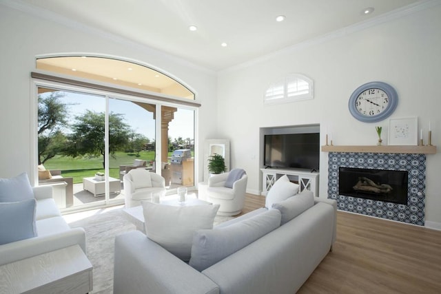 living room with crown molding, wood-type flooring, and a fireplace