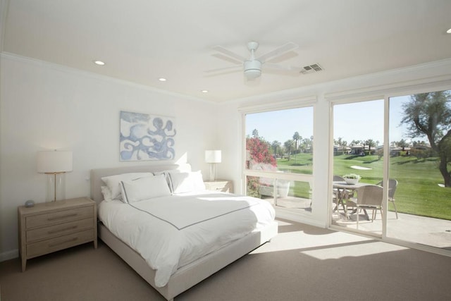 bedroom featuring crown molding, access to outside, and ceiling fan