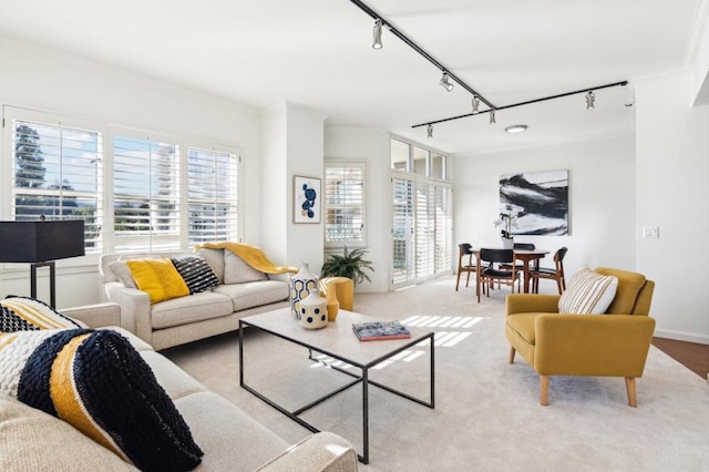 living room featuring light carpet, plenty of natural light, and track lighting