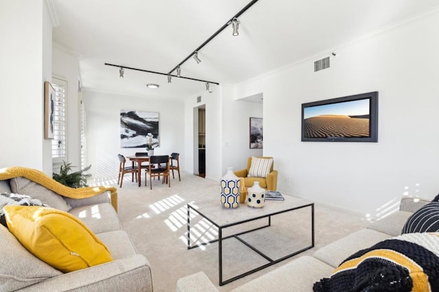 carpeted living room featuring rail lighting and crown molding