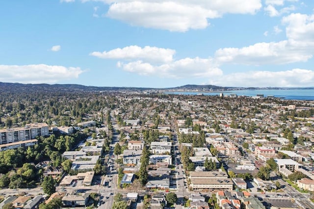 bird's eye view featuring a water and mountain view