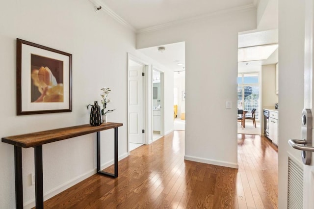 corridor with crown molding and dark hardwood / wood-style flooring