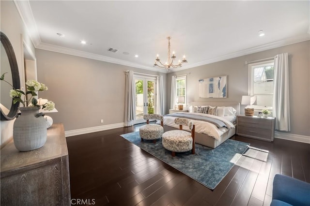 bedroom featuring multiple windows, dark hardwood / wood-style floors, and crown molding