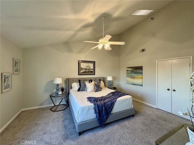 carpeted bedroom with ceiling fan, high vaulted ceiling, visible vents, baseboards, and a closet