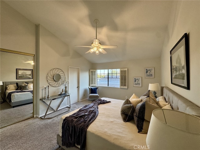 carpeted bedroom with baseboards, vaulted ceiling, and a ceiling fan