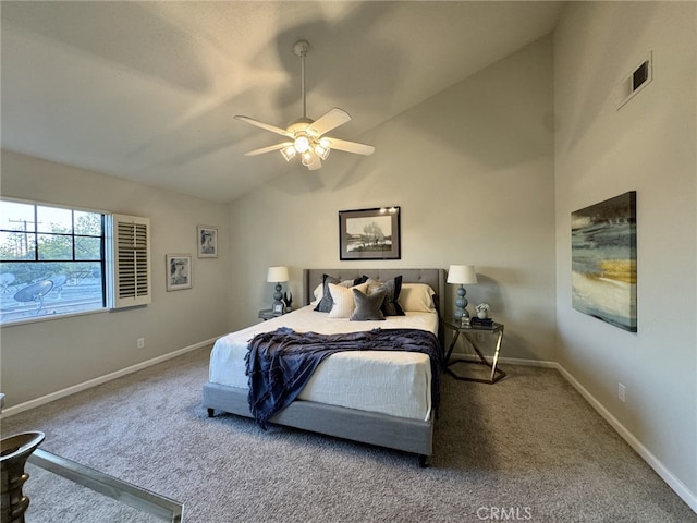 carpeted bedroom featuring vaulted ceiling, a ceiling fan, visible vents, and baseboards