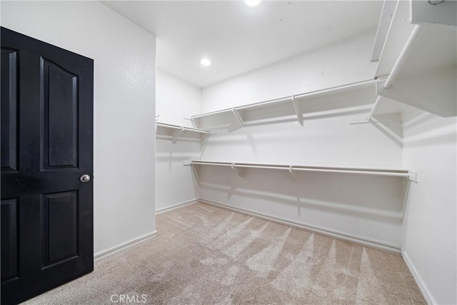 walk in closet with light colored carpet