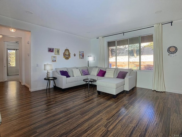 living room with dark hardwood / wood-style flooring