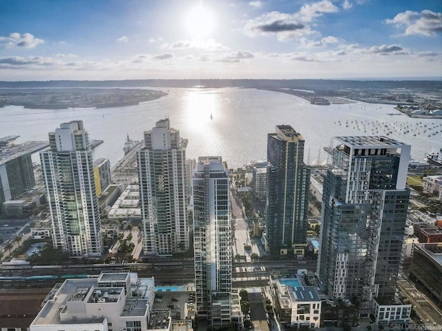 property's view of city featuring a water view