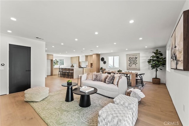 living room featuring a wealth of natural light and light hardwood / wood-style floors