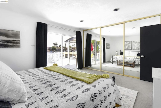 carpeted bedroom featuring a closet and access to outside