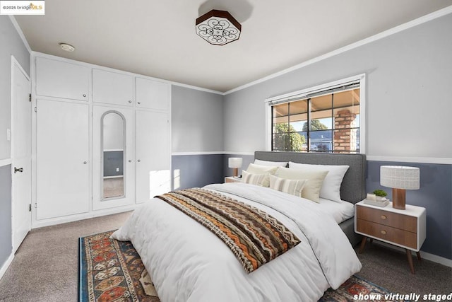 carpeted bedroom featuring ornamental molding and a closet