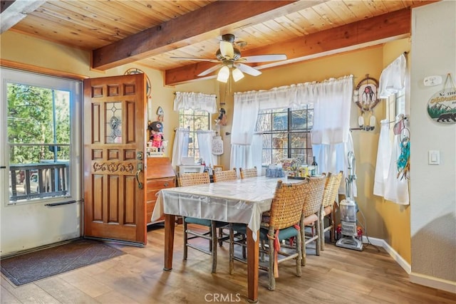 dining room with ceiling fan, beam ceiling, light hardwood / wood-style flooring, and wooden ceiling