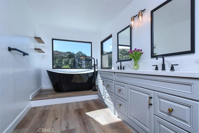 bathroom with wood-type flooring, a bathing tub, and vanity